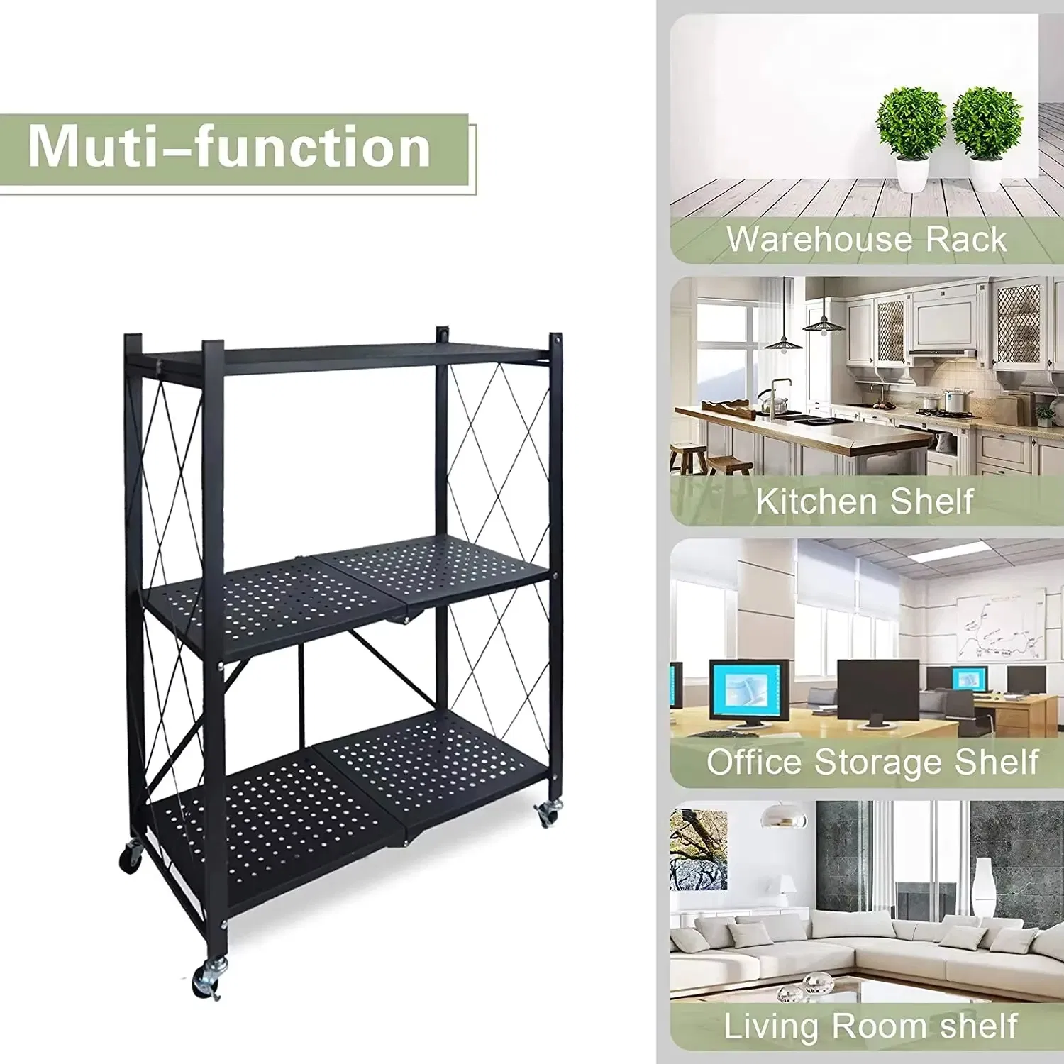 Four Layer Collapsible Storage Shelf on Wheels with Mesh Shelving for Laundry Room and Garage Organization Applications