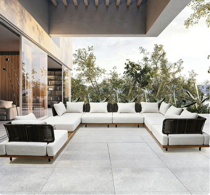 Modern Teak Outdoor Garden Sofa Set with Waterproof Cushions-Durable Patio &amp; Courtyard Furniture
