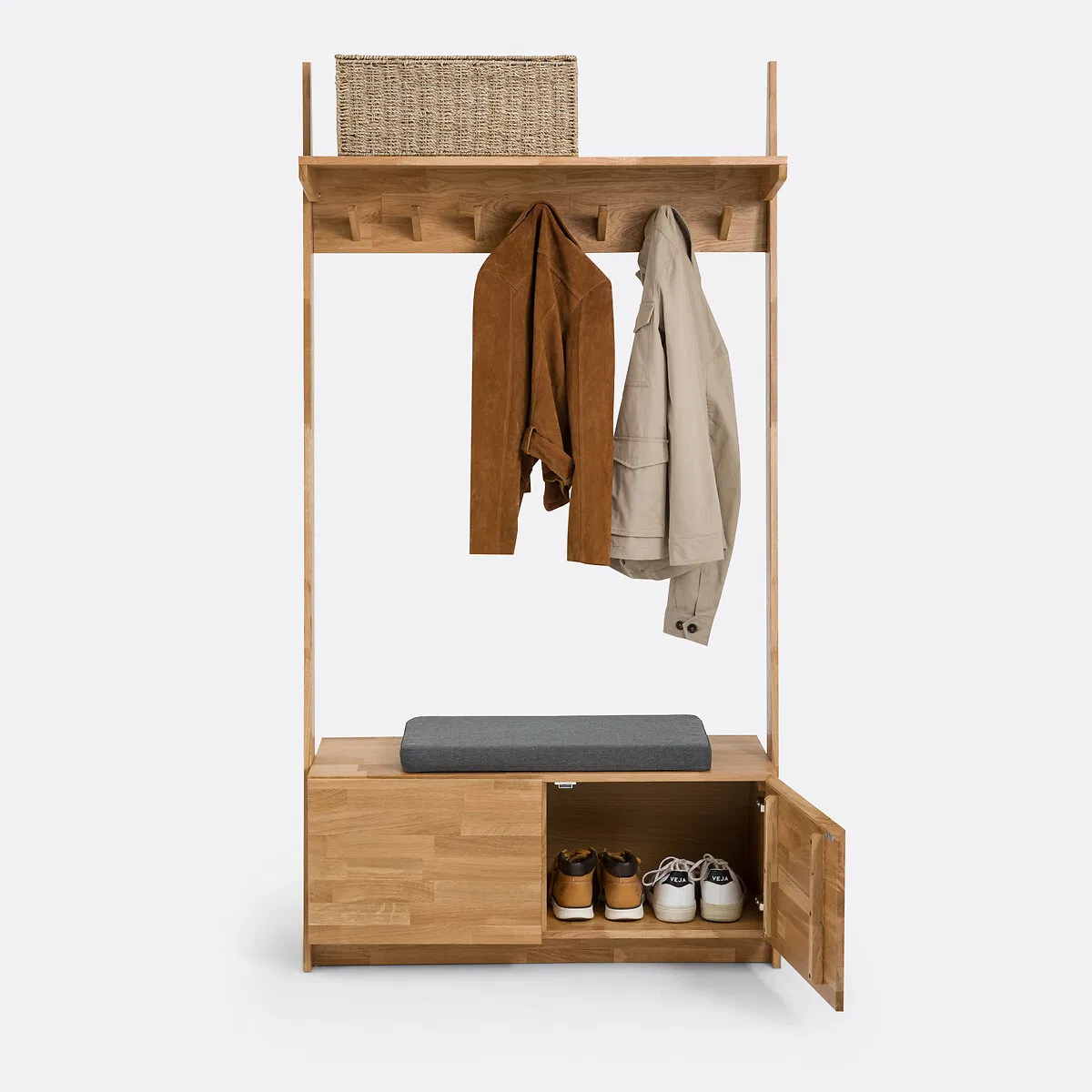 Modern Solid Wood Storage Wardrobe with Hooks &amp; Padded Bench for Entryway Organization