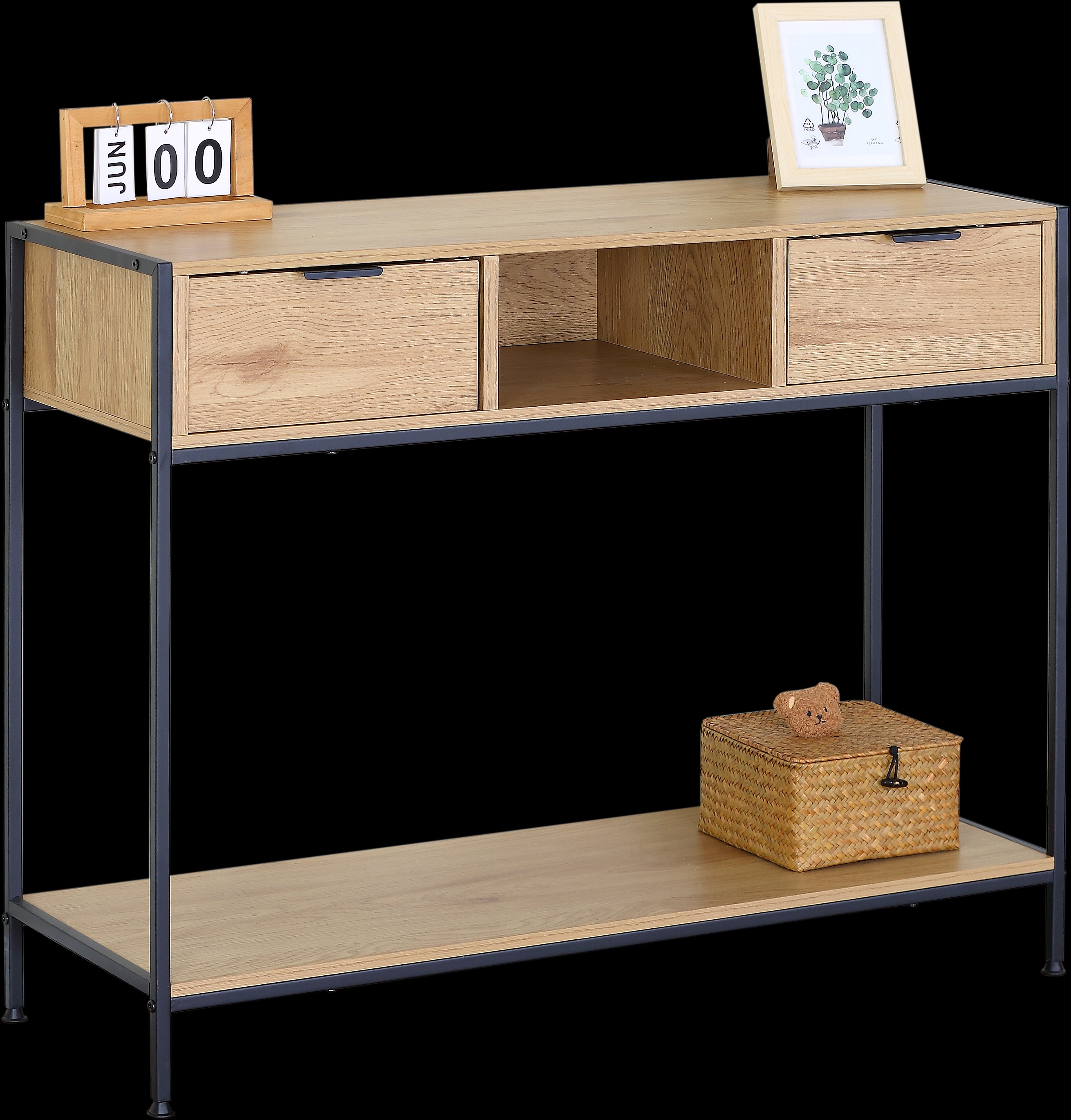 Modern KD Metal Frame Console Table 2-Drawer Entryway Sideboard with Open Compartment Industrial Stand for Home Furniture