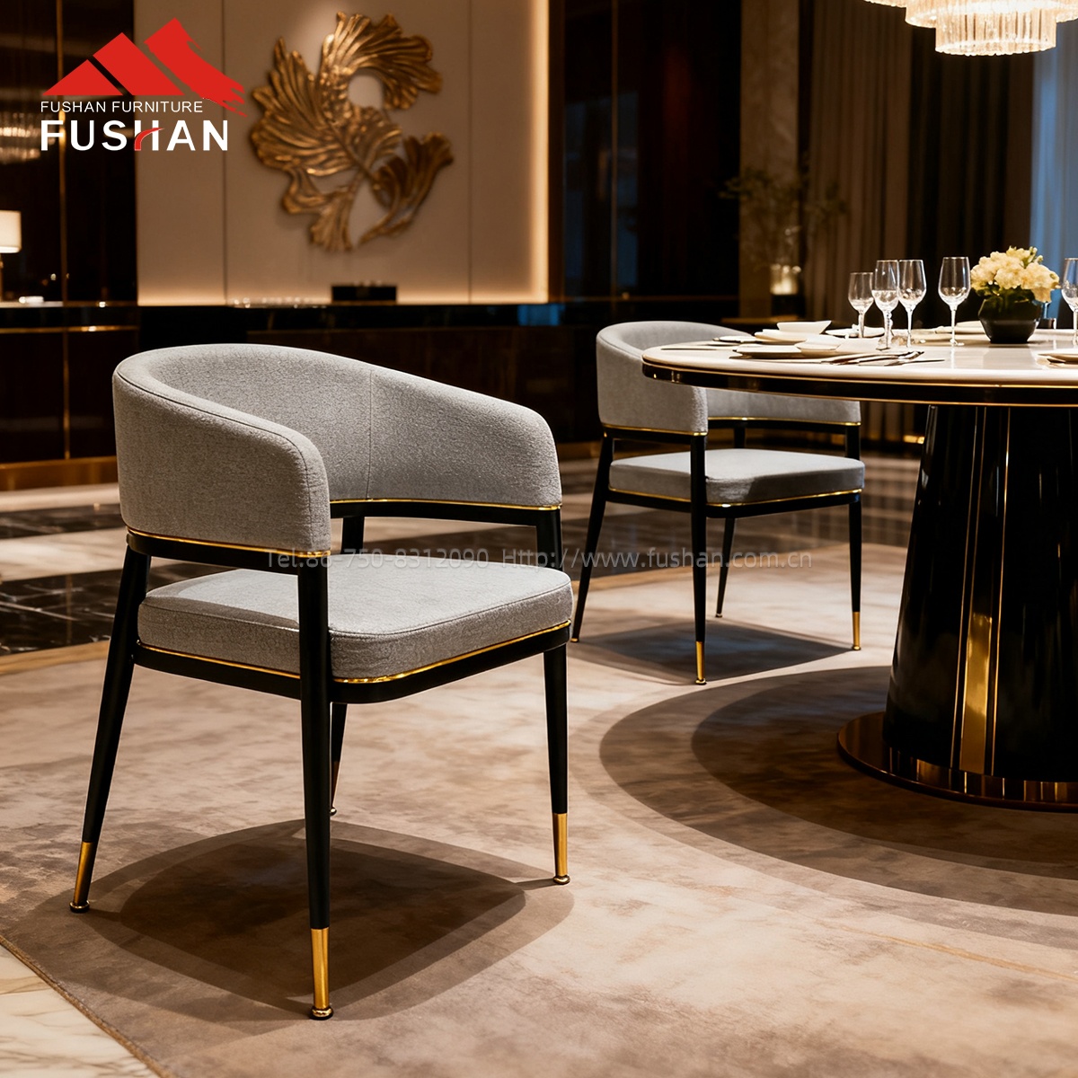 Modern Luxury Hotel Villa Restaurant Arm Chair Grey Fabric Upholstered Dining Chairs Soft Backrest Custom Lounge Single Chair