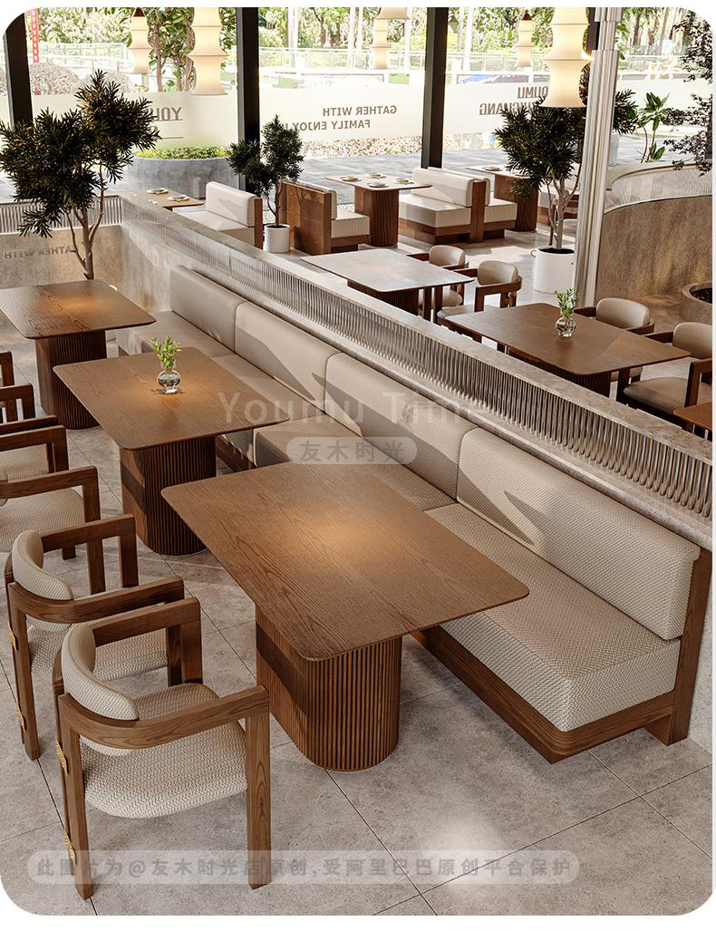Commercial Restaurant Table and Chair Solid Wood Booth Sofa with Round Dining Table and Armchairs for Cafe and Restaurant