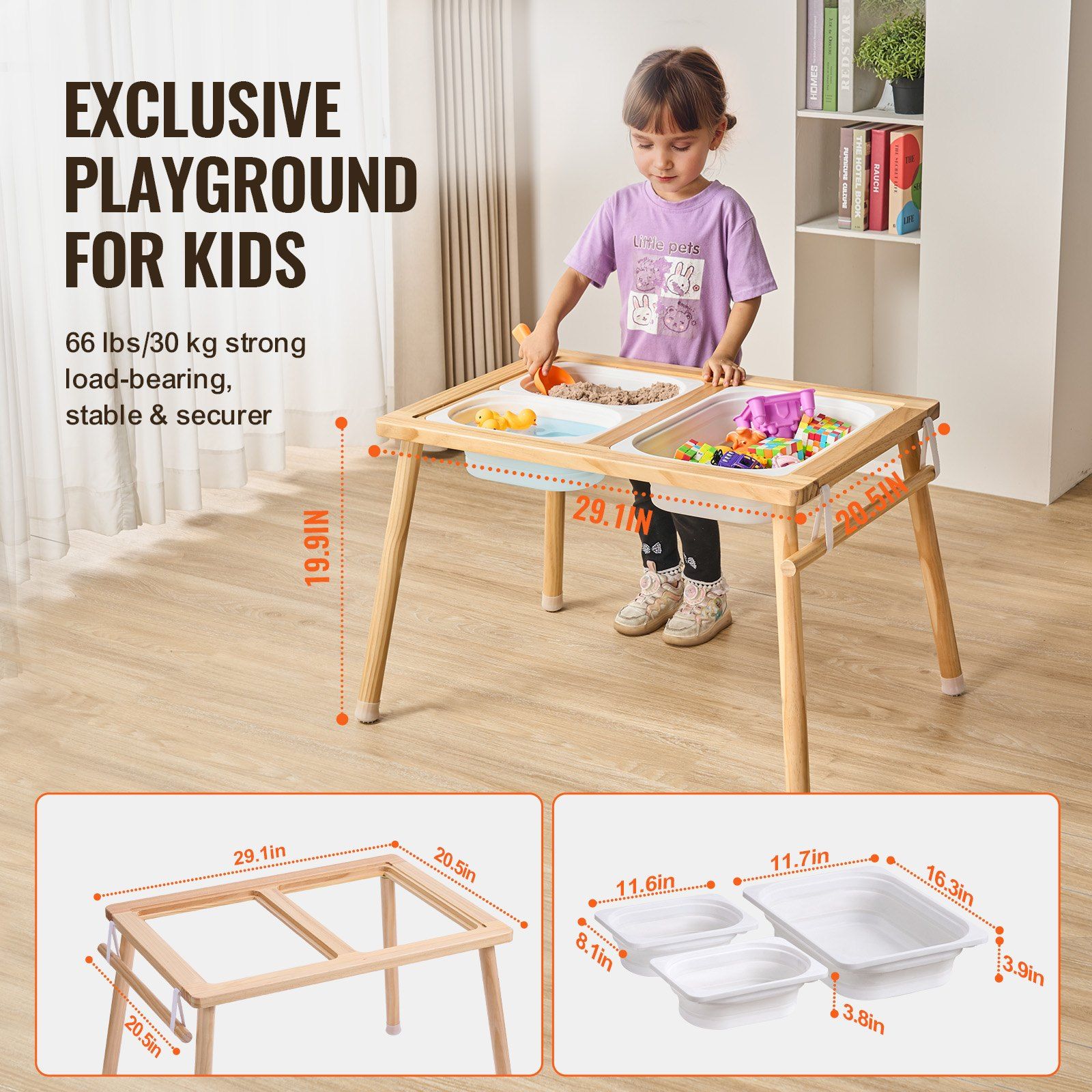 Wooden Sensory Table With Paper Roll Bar Foldable Indoor Play Table For Toddlers Kids Activity Square Design Scandinavian Style