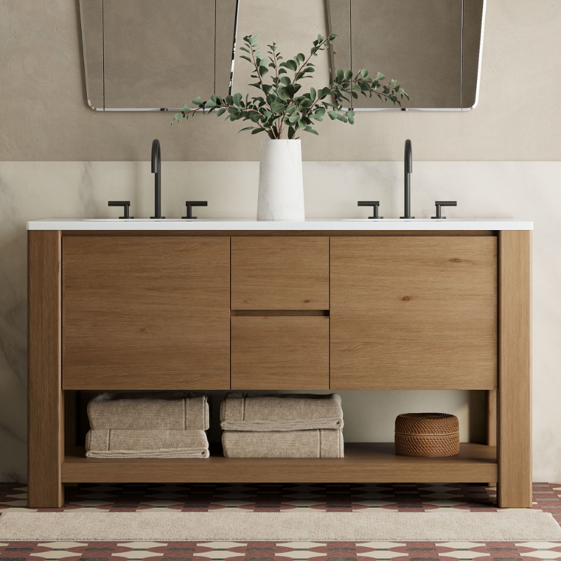 Customized Wooden Panel Bathroom Vanity Cabinet Furniture With Single and Double Sinks and Half Moon Mirror for Hotel Bathroom