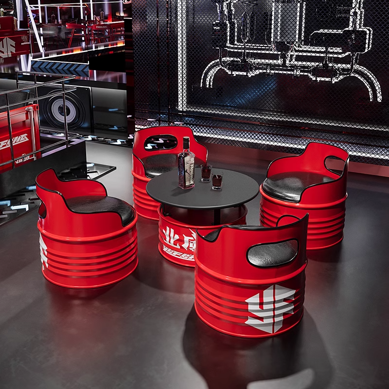 Industrial Creative Blue Oil Drum Metal Furniture Set Vintage Style Cafe Bar Restaurant Bistro Bar Table and Stool