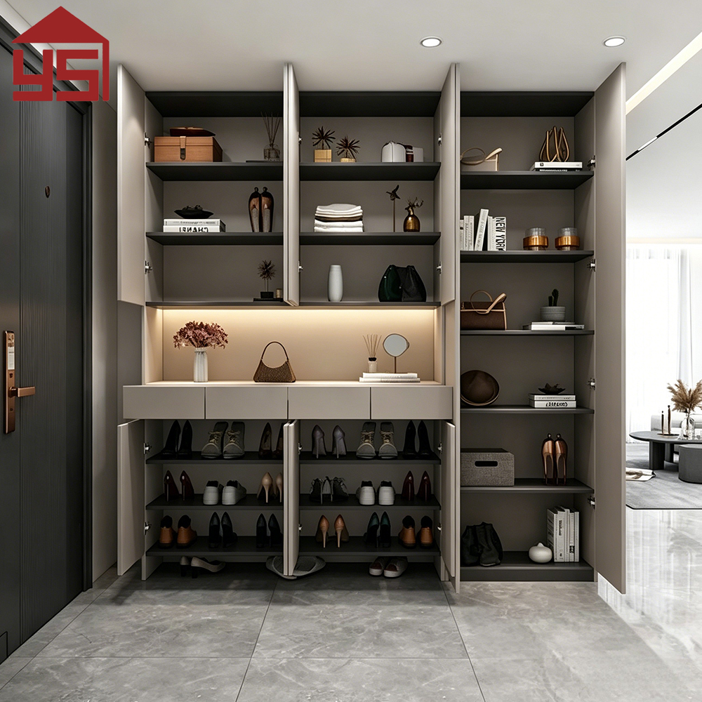 Luxury-grade Entryway Customizable Multi-zone Shoe Cabinet with LED Light Wood Hall Storage Cabinet