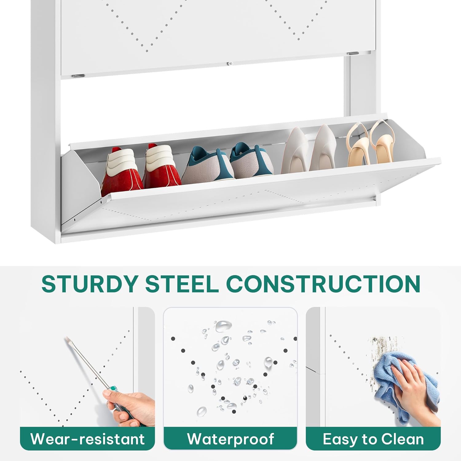 Steel Wall Mounted Shoe Cabinet with 3 Flip Drawers &amp; Coat Rack Slim Design for Entryways &amp; Hallways White