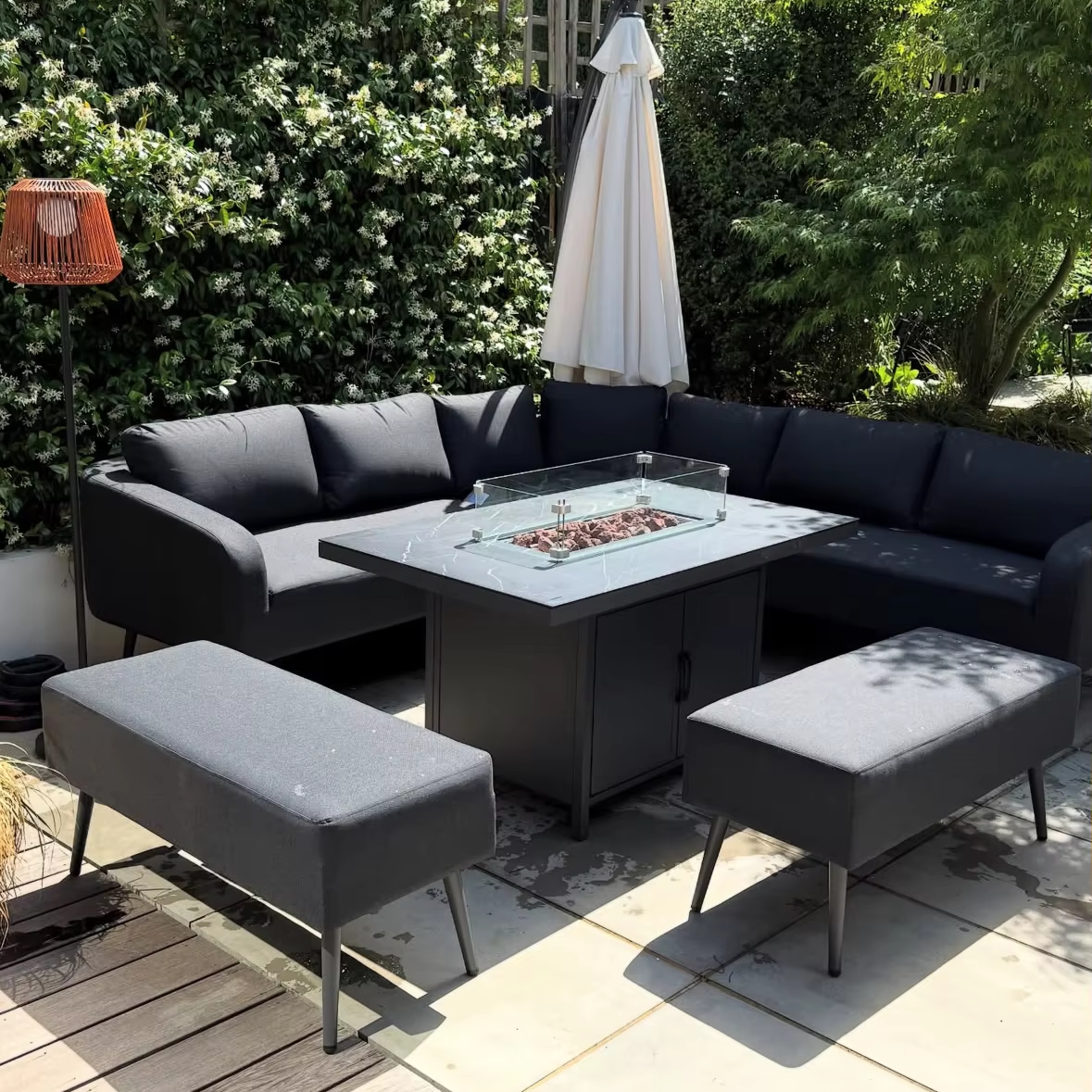Modern Outdoor Patio Furniture Set Black Fabric Conversation Suite with Fire Pit Table Garden Sofas for Courtyard Metal Material