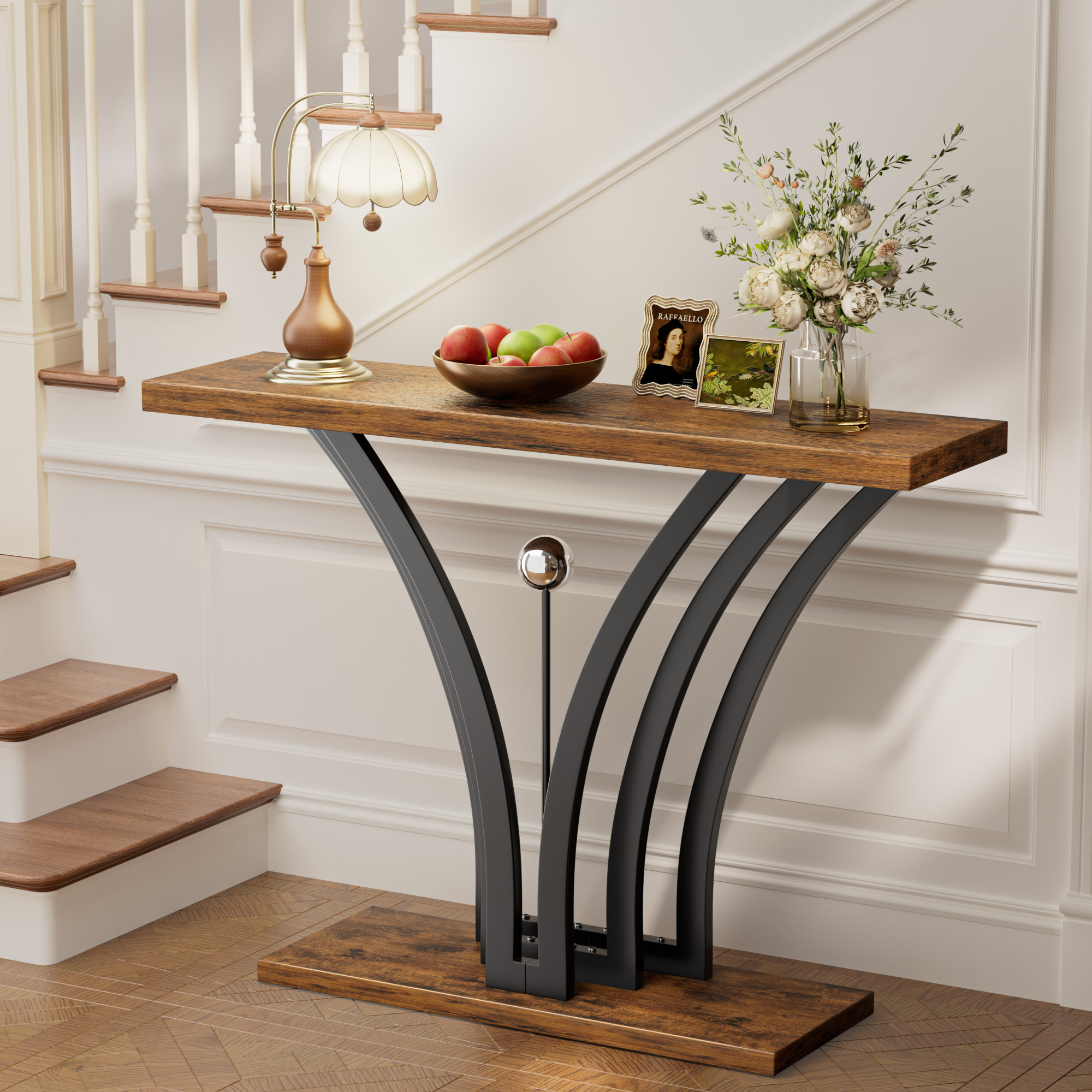 Modern Industrial Console Table Wood Top Curved Metal Frame Entryway Table with Anti-slip Kit for Living Room Hallway