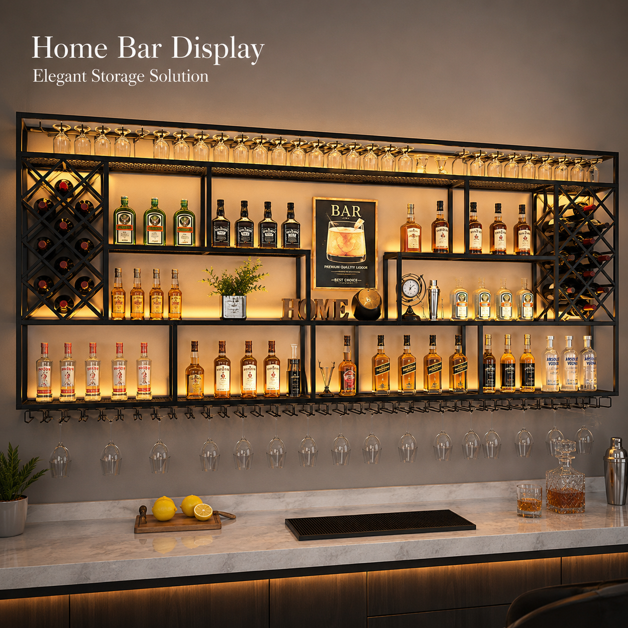 Custom Wall Mounted LED Wine Rack Industrial Iron Furniture Shelves Dining Room Display Cabinet Wine Bottle Holder For Bar Hotel
