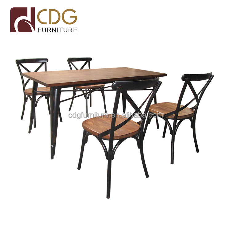 Cheap Industrial Wood Metal Cafe Shop Tables and Chairs Antique Style Commercial Furniture Restaurant Table Set