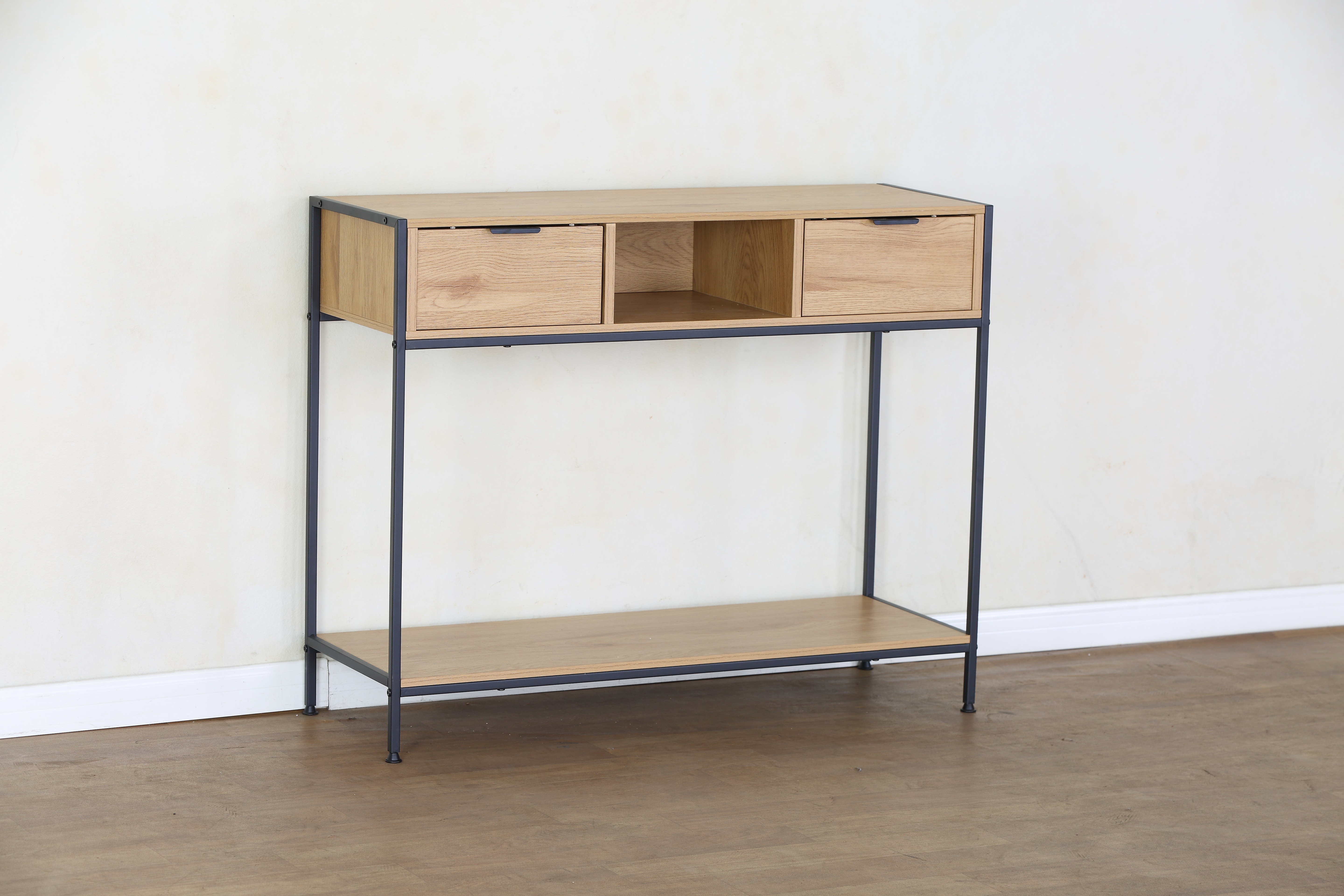 Modern KD Metal Frame Console Table 2-Drawer Entryway Sideboard with Open Compartment Industrial Stand for Home Furniture