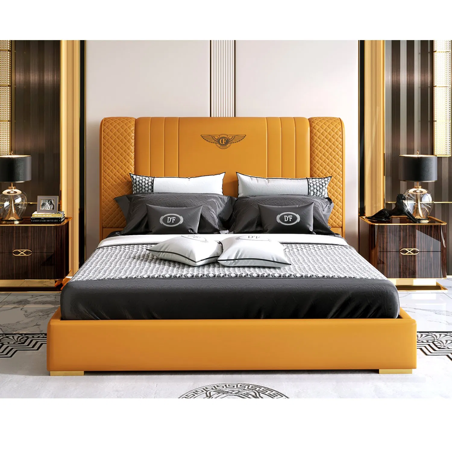 Foshan-Made Luxury Bedroom Furniture with Elegant Metal Accent Decoration Bed