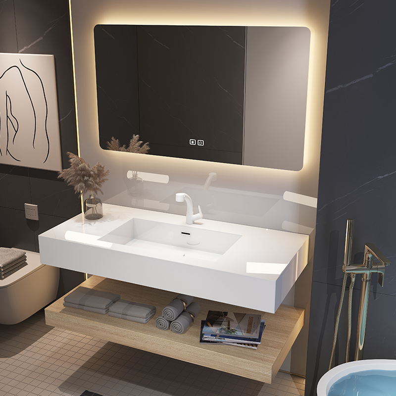 Modern Solid Wood Bathroom Cabinet with All-in-one Basin and Different Shape Smart Mirror Cabinet