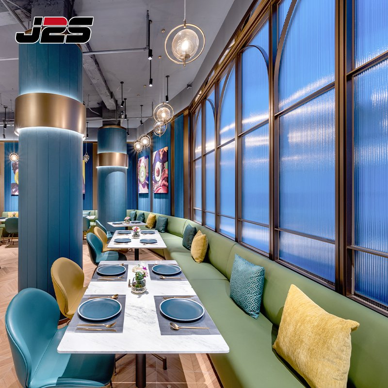 Bespoke Commercial Restaurant Furniture VIP Lounge Setup Curved Leather Booth Seating Round Marble Tables Accent Chairs