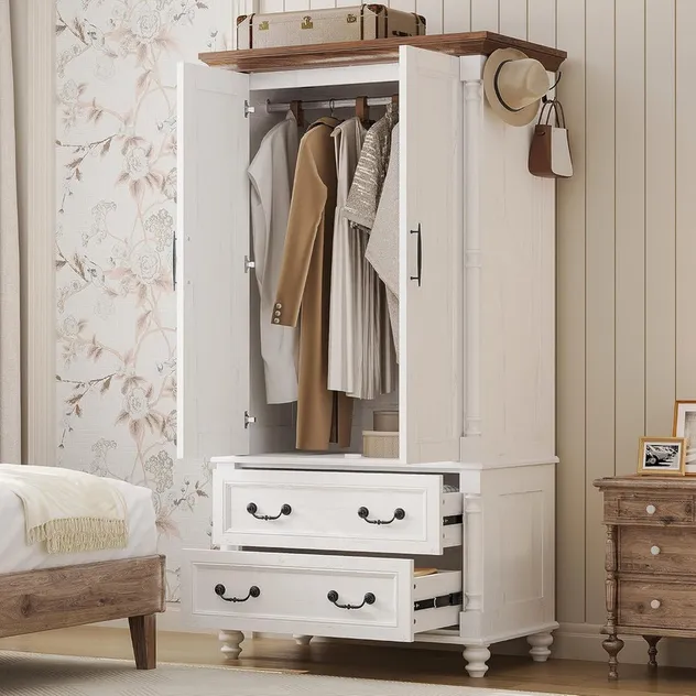Modern Solid Wood Storage Wardrobe with Hooks & Padded Bench for Entryway Organization