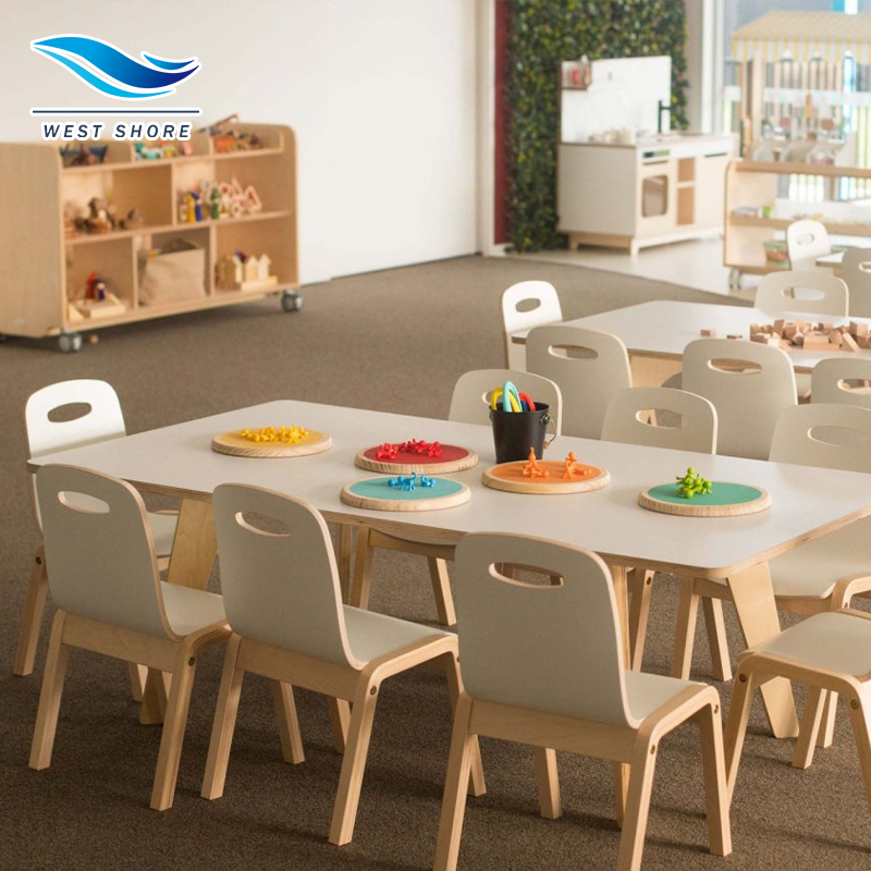 Modern Eco-Friendly Bent Wood Montessori Reggio Classroom Table Chair Set Ergonomic Design Cabinet for Kindergarten Furniture