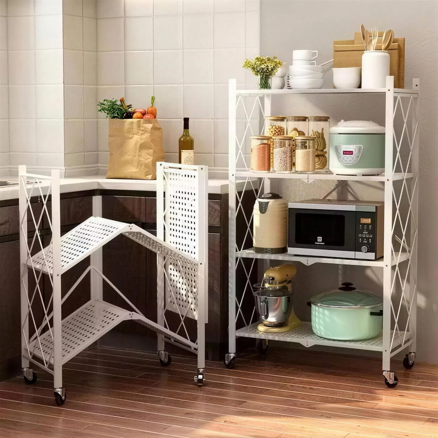 Four Layer Collapsible Storage Shelf on Wheels with Mesh Shelving for Laundry Room and Garage Organization Applications