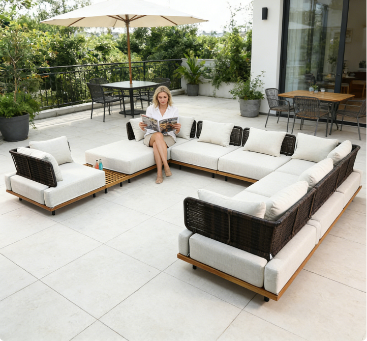 Modern Teak Outdoor Garden Sofa Set with Waterproof Cushions-Durable Patio &amp; Courtyard Furniture