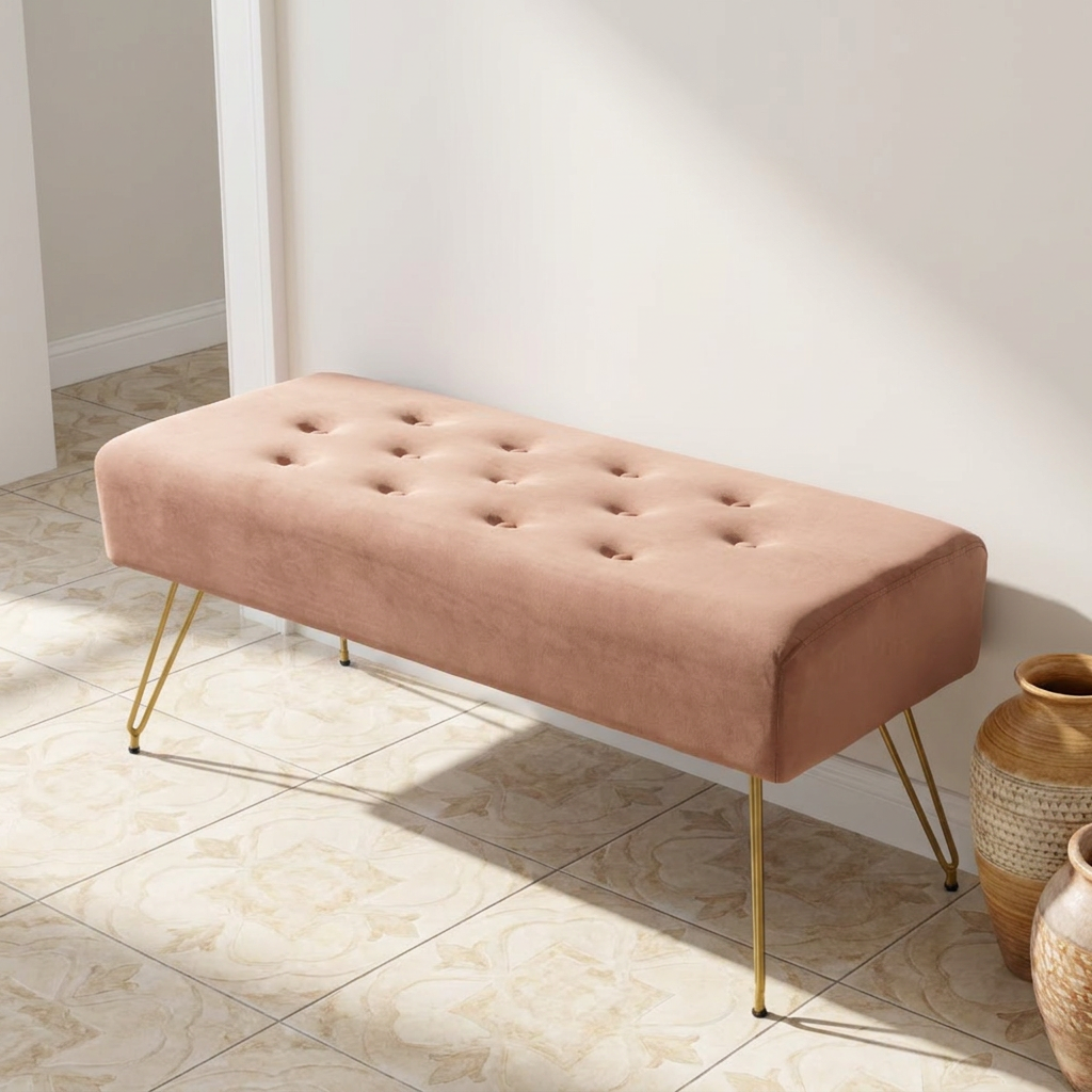 DUHOME Durable Comfortable Upholstered Button Tufted Velvet Foot Stool for Bedside Entryway Living Room Hallway Bedroom Pink