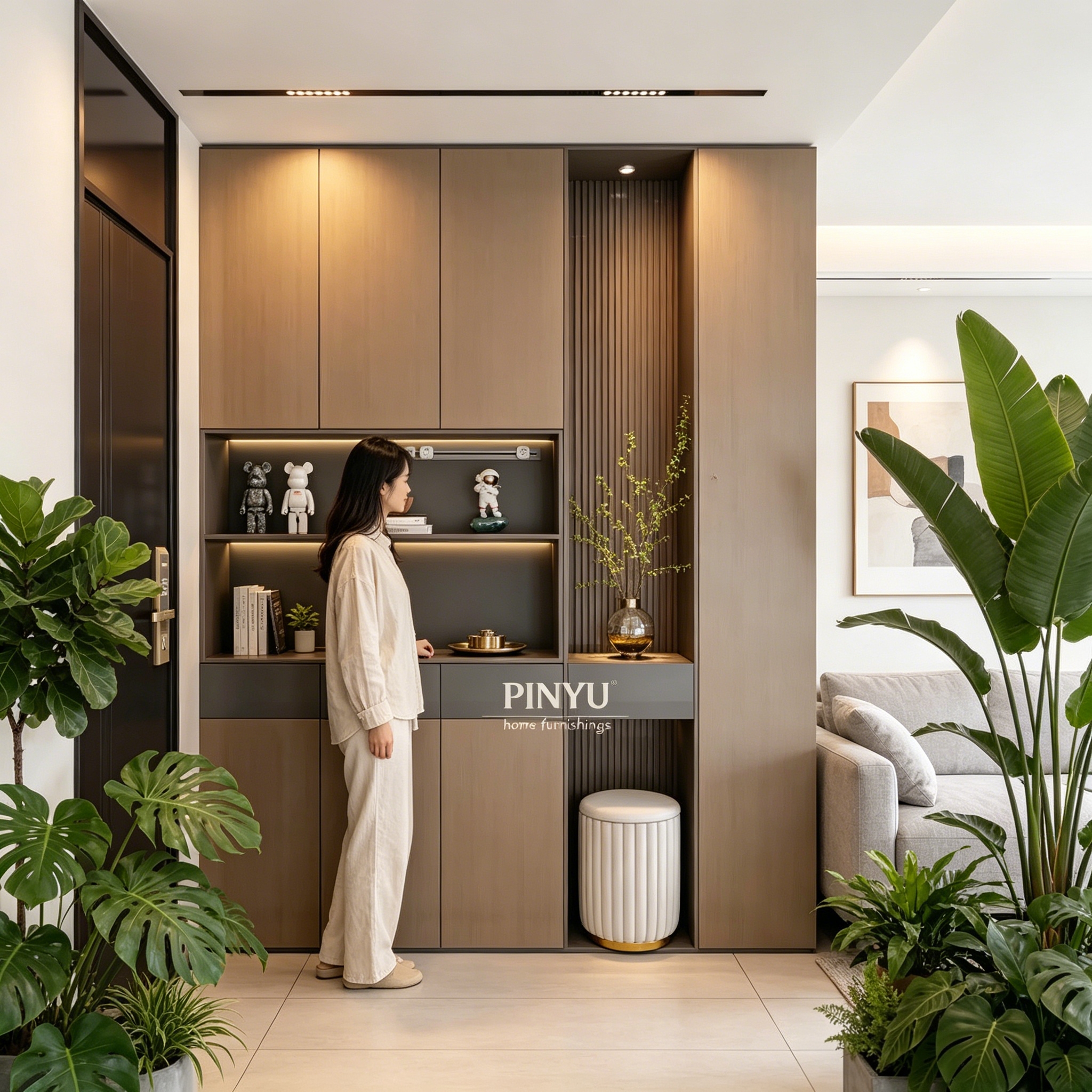 Light Luxury Composite Wood Entryway Shoe Cabinet Hallway Storage Bench Open Shelves Hidden Drawers LED Light