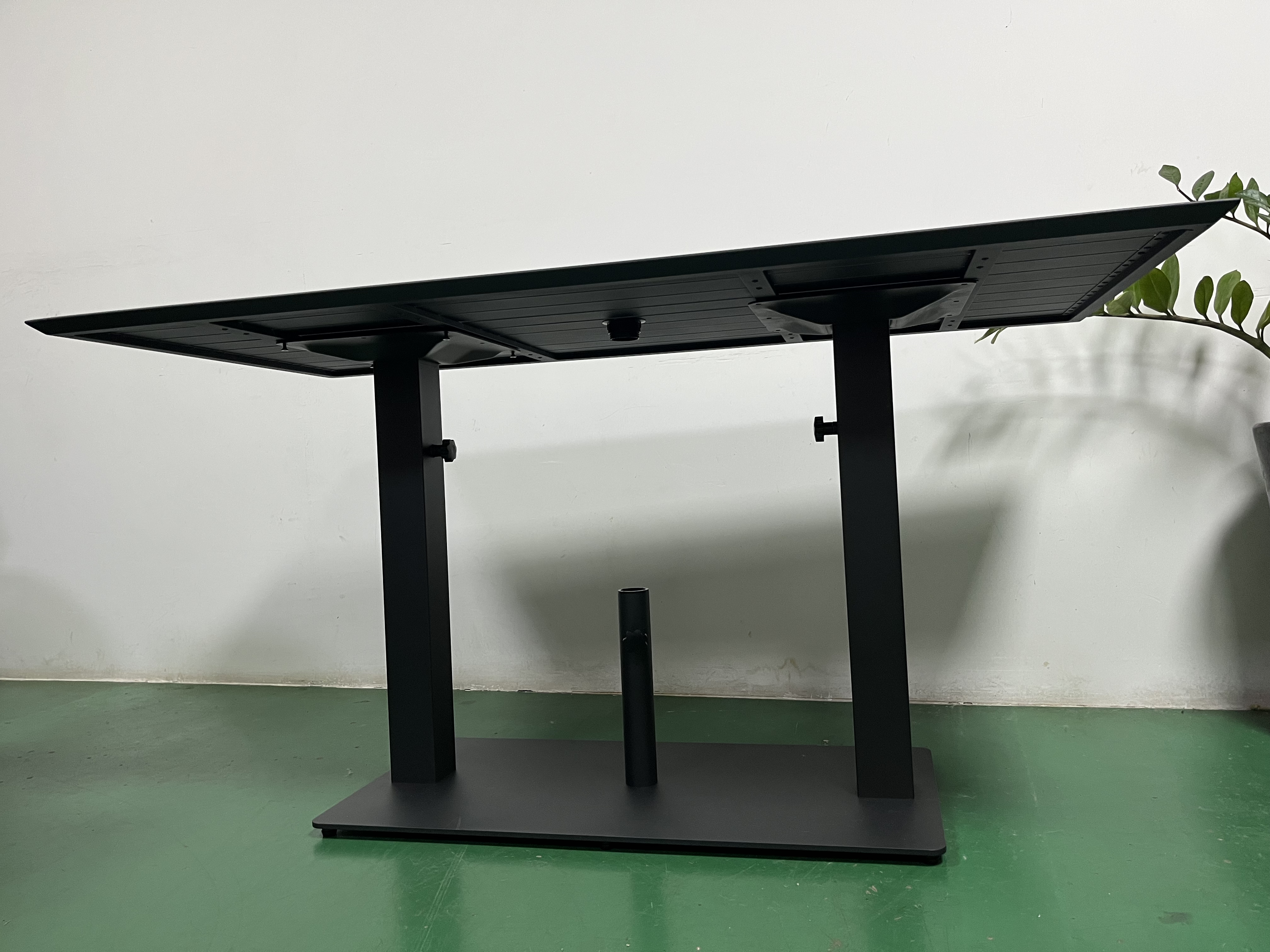 All Weather Restaurant Set Tables and Chairs Coffee Cafe Table Height All Aluminum Slats Bistro Black Metal Table