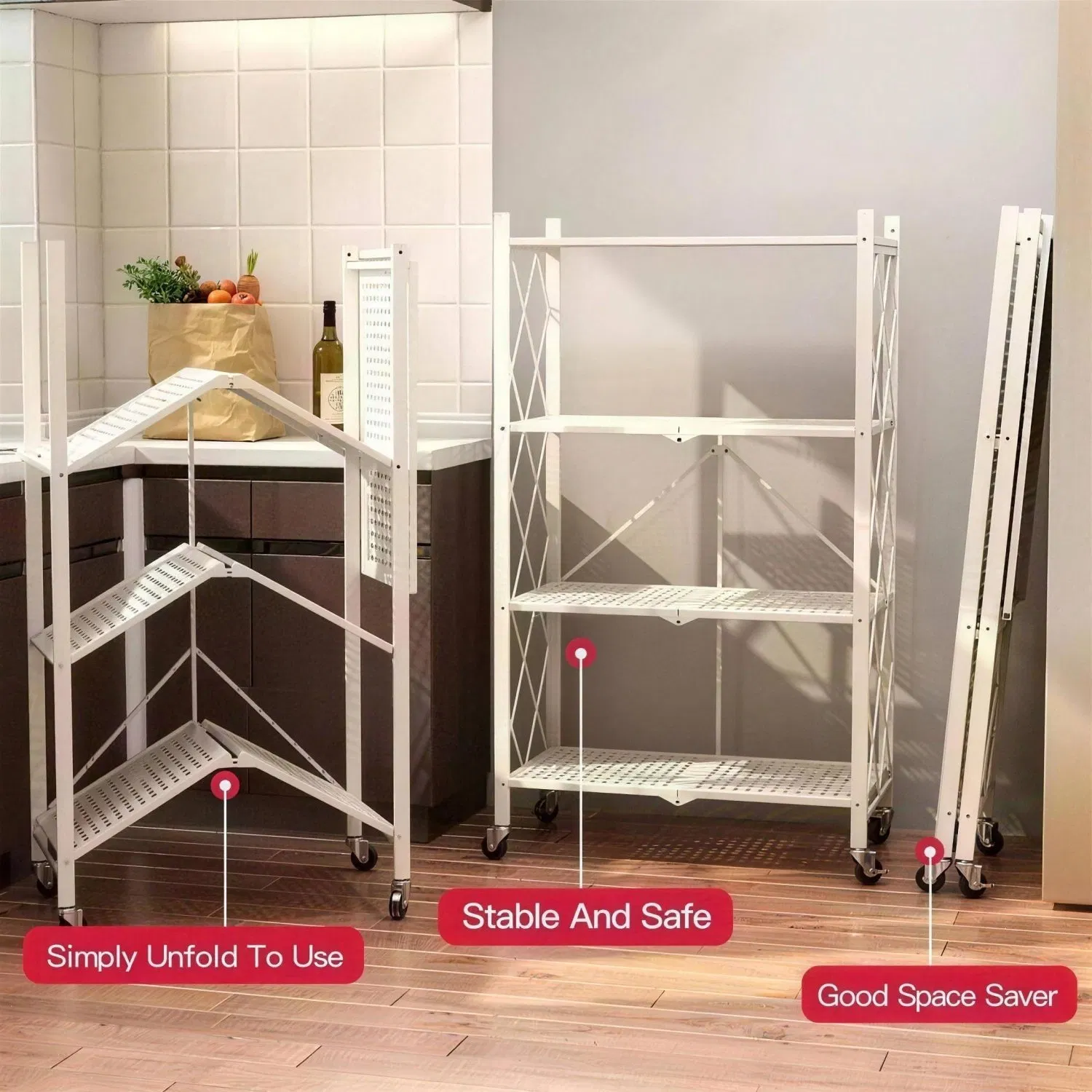 Four Layer Collapsible Storage Shelf on Wheels with Mesh Shelving for Laundry Room and Garage Organization Applications