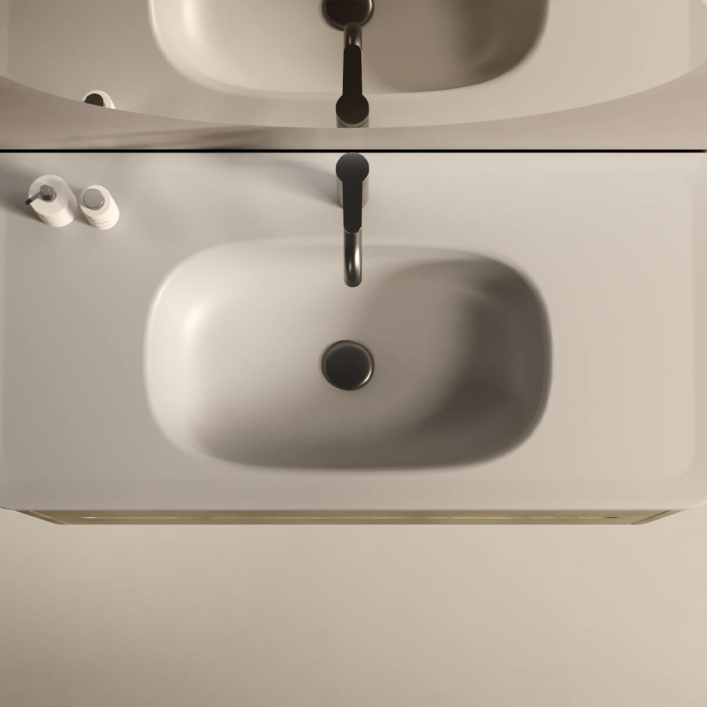Modern Durable PVC-Wrapped MDF Rectangle Floor Standing Gel Coat Stone Basin Cabinet LED Mirror Water-Resistant Vanity