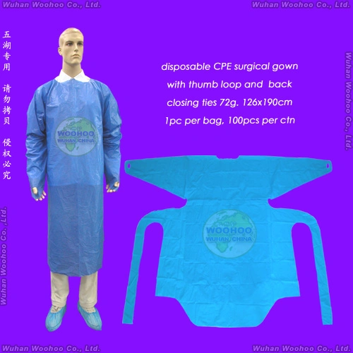عباءة جراحية واقية disposable مصنوعة من البلاستيك المقاوم للماء CPE/بولي/PE/فرك/PP/SMS غير المنسوجة للاستخدام في المستشفيات للأطباء والجراحين والمرضى والزوار