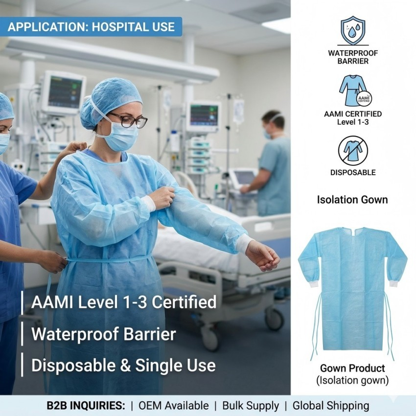 عباءة عزل disposable بمستوى AAMI للاستخدام في المستشفيات والمختبرات، غير قابلة للاختراق، إمدادات OEM