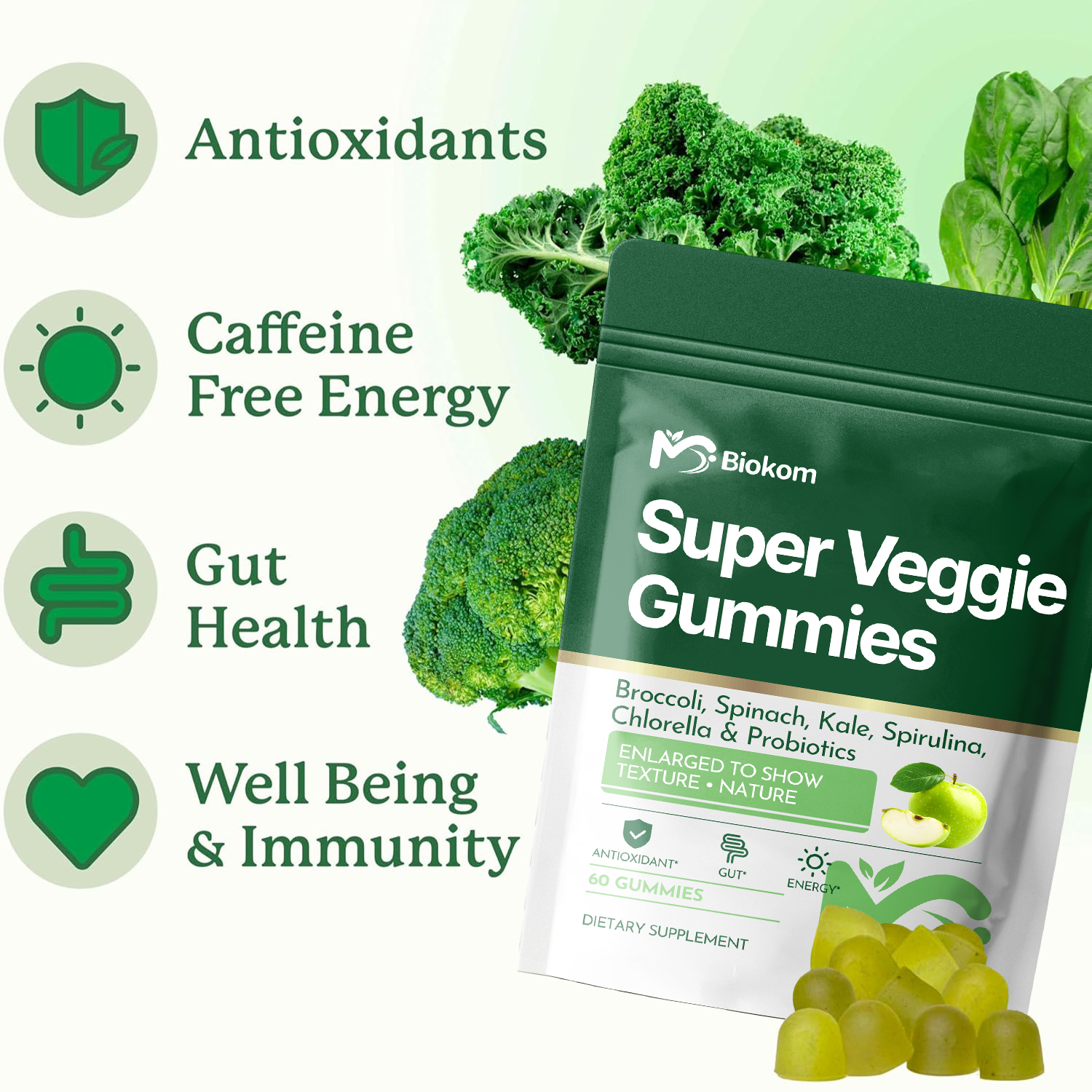 OEM ODM Fiber Gummies Weight Management Daily Super Green Gummies with Broccoli, Spinach Kale, Spirulina, Chlorella &amp; Probiotics