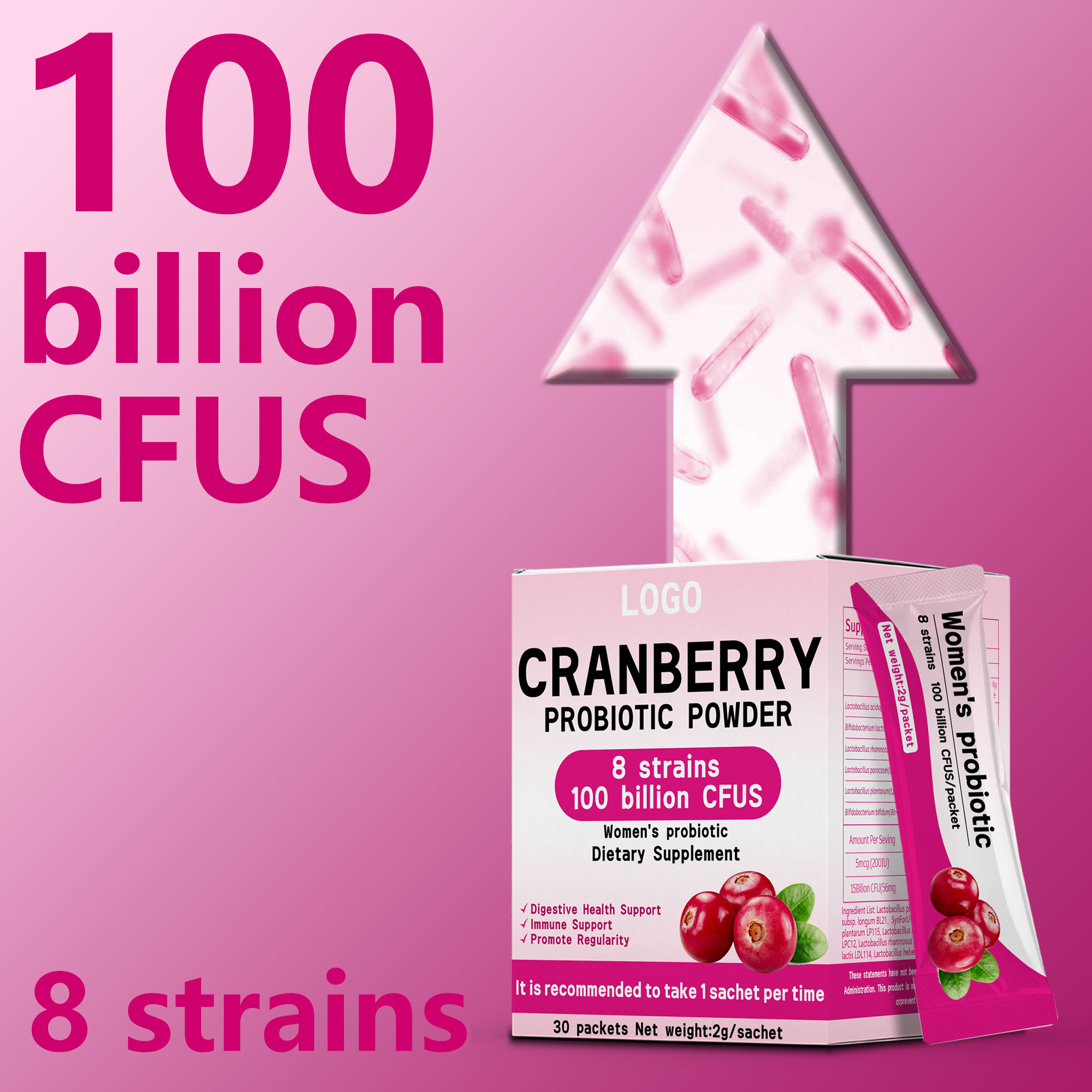 Custom Urinary Vaginal Probiotics Cranberry Probiotic Powder For Women 100 Billion CFU Probiotics Supplement For Vaginal Health