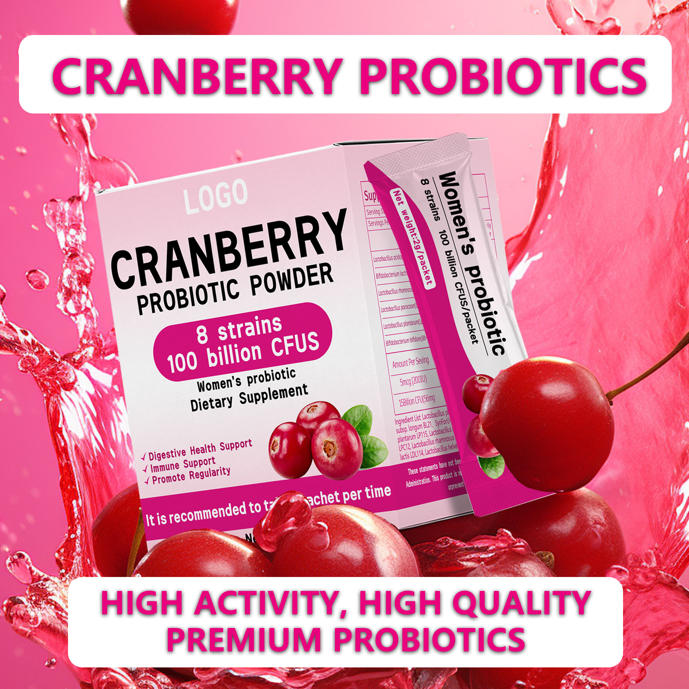 Custom Urinary Vaginal Probiotics Cranberry Probiotic Powder For Women 100 Billion CFU Probiotics Supplement For Vaginal Health