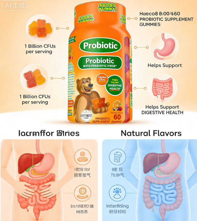 Probiotic Gummies with Prebiotic Fiber | 1 Billion CFUs Per Serving | 60 Count for Digestive &amp; Gut Wellness Support