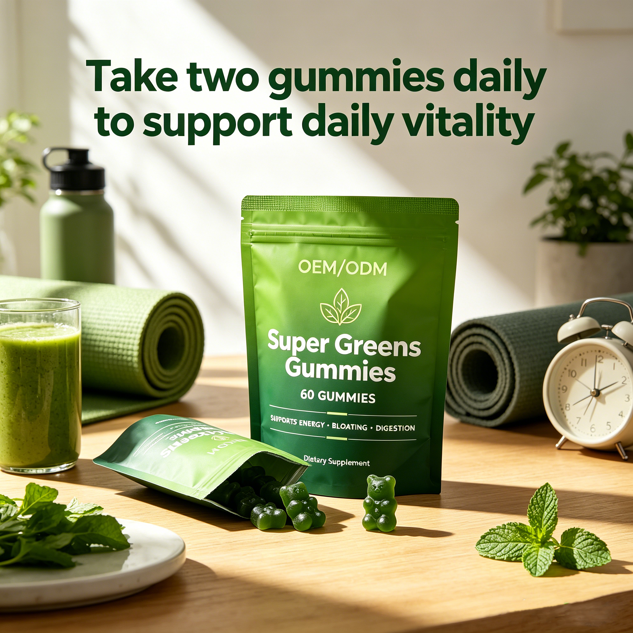 OEM Super Greens Gummies with Fruits Vegetables Vitamins for Digestive &amp; Gut Health Support Superfood Fiber Gummies