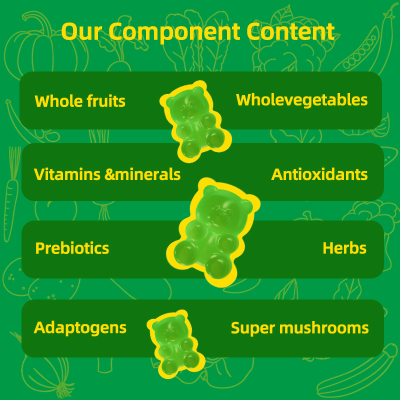 Greenpie OEM GMP COA Factory Super Green Gummy Dietary Fiber Supplement Super Fruits Greens Superfood Gummies