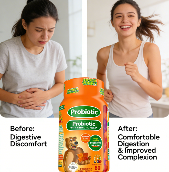 Probiotic Gummies with Prebiotic Fiber | 1 Billion CFUs Per Serving | 60 Count for Digestive &amp; Gut Wellness Support