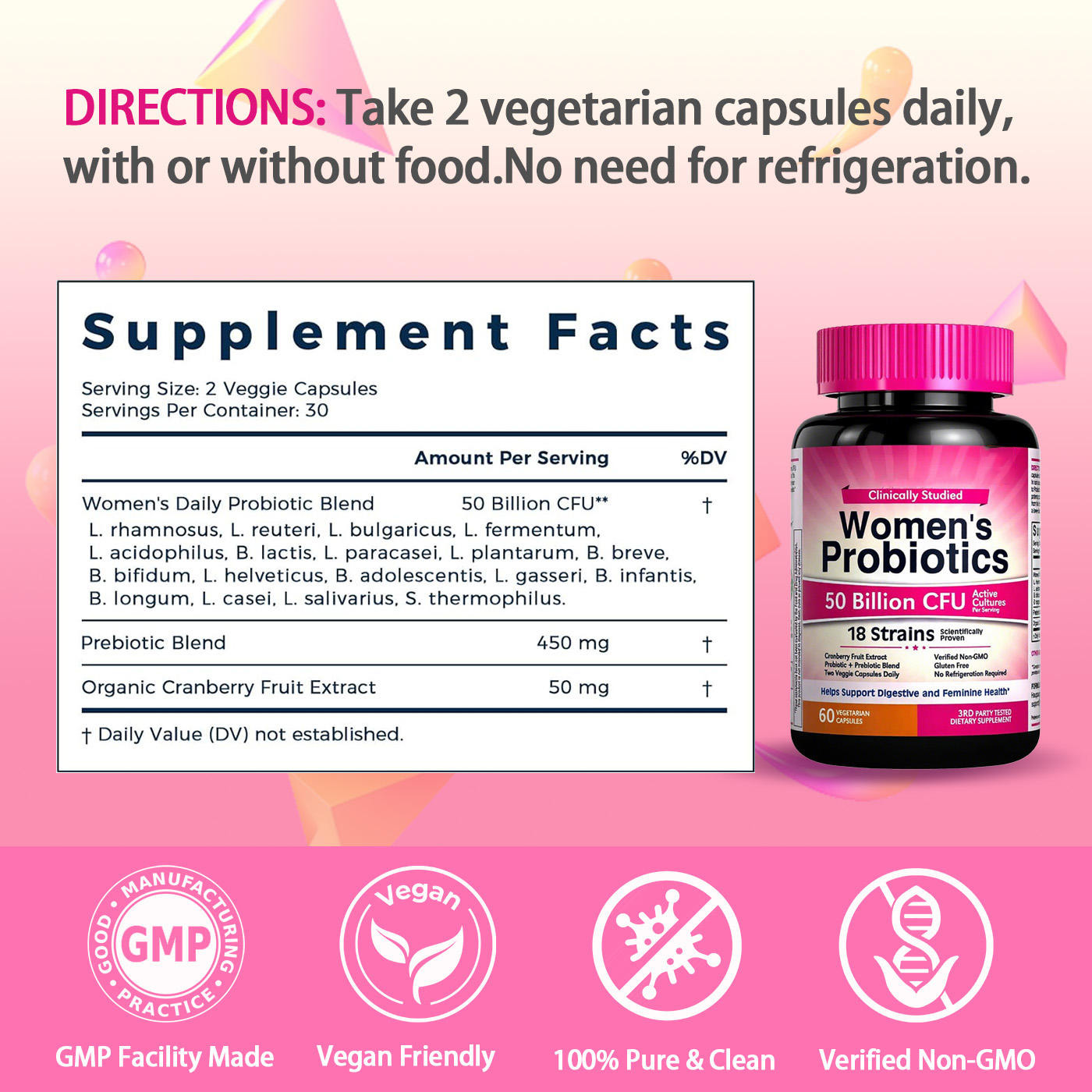 OEM ODM 18 Strains 100 Billion CFU Active Cultures Adult Women's Natural Probiotics Capsules Supports Feminine Health Mood