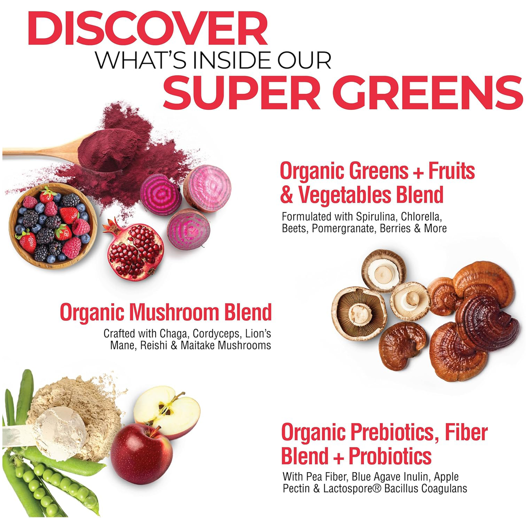 Private Label Super Food Greens Mushrooms Probiotics Powder Fiber Berry Flavor Digestive Health Immunity Support