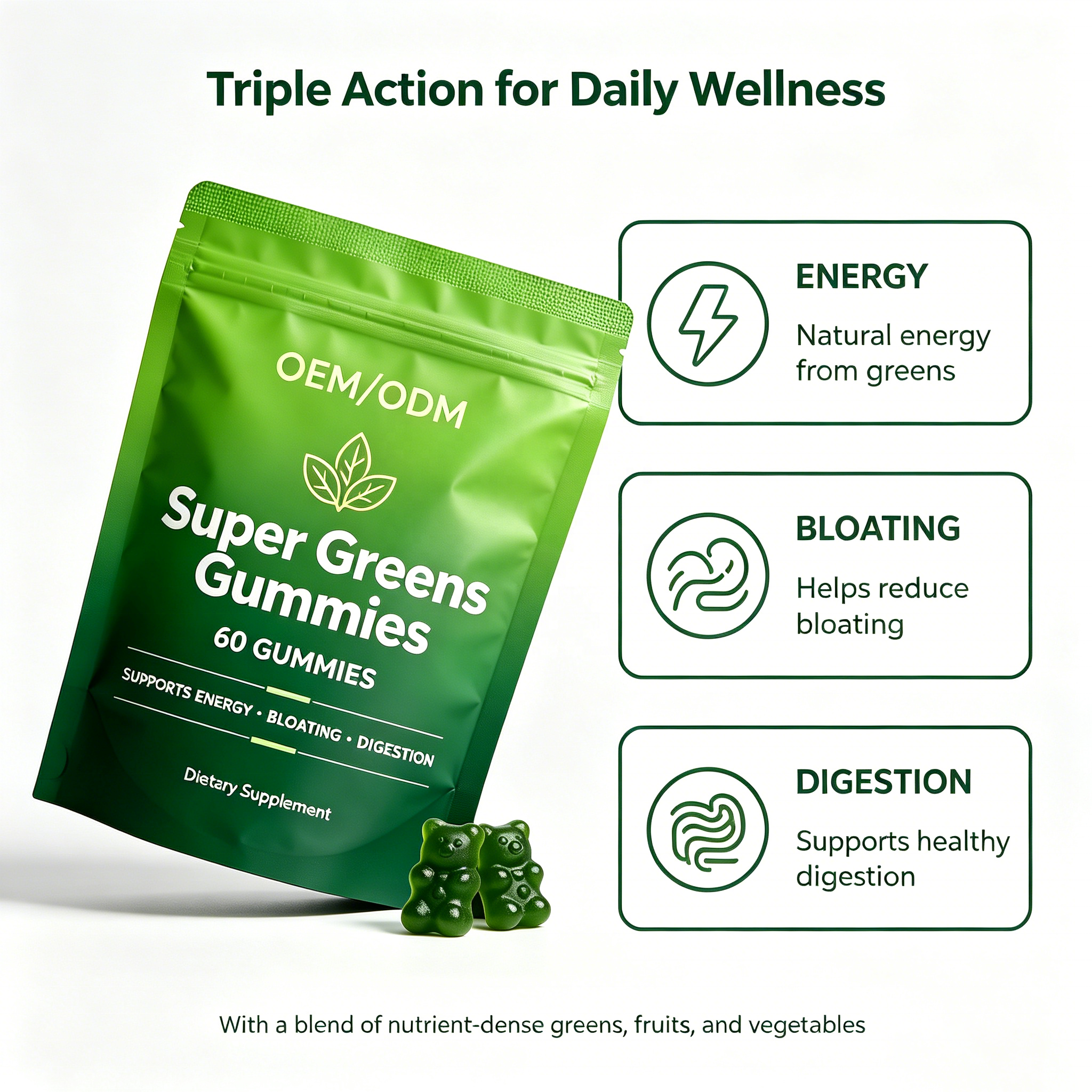OEM Super Greens Gummies with Fruits Vegetables Vitamins for Digestive &amp; Gut Health Support Superfood Fiber Gummies