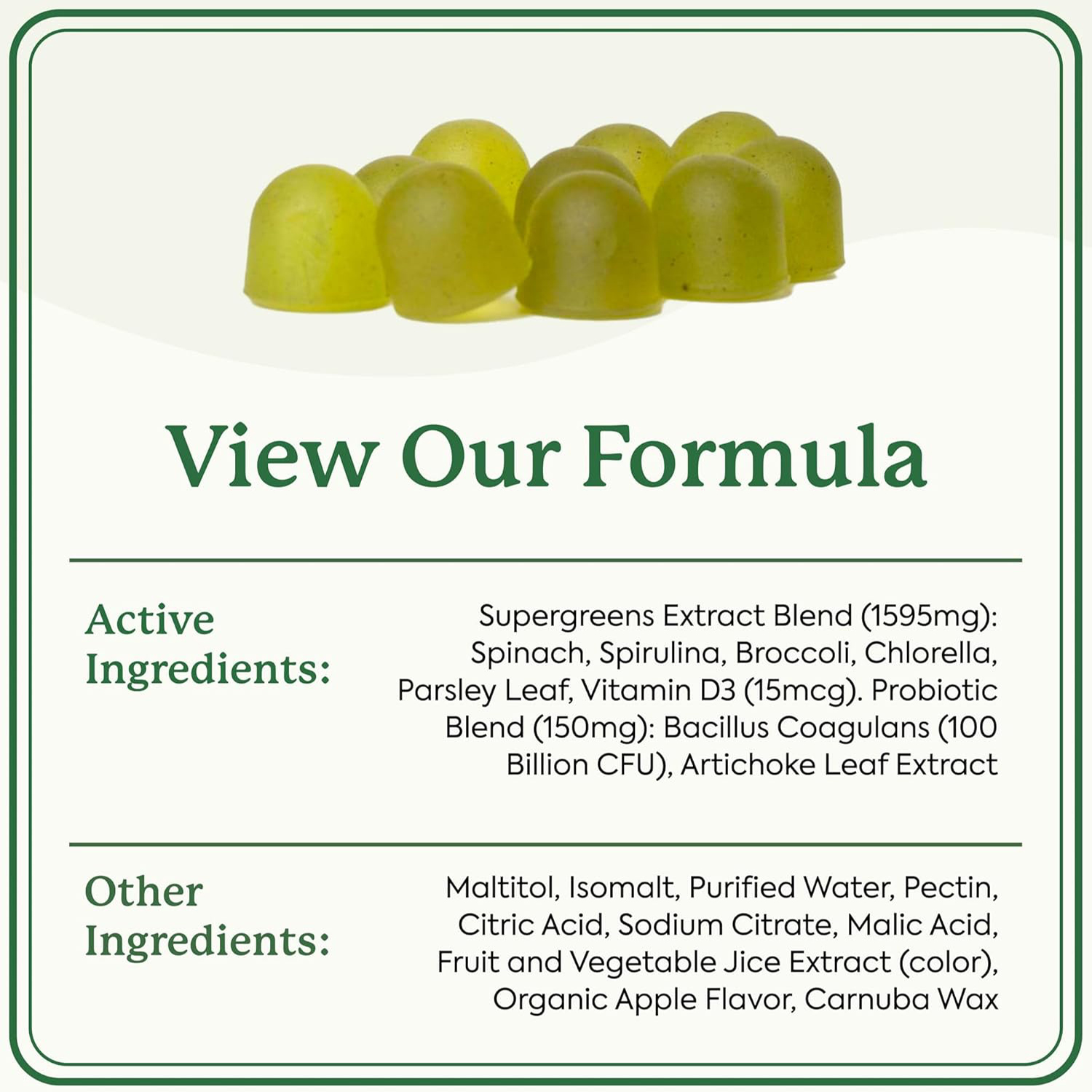 OEM ODM Fiber Gummies Weight Management Daily Super Green Gummies with Broccoli, Spinach Kale, Spirulina, Chlorella &amp; Probiotics