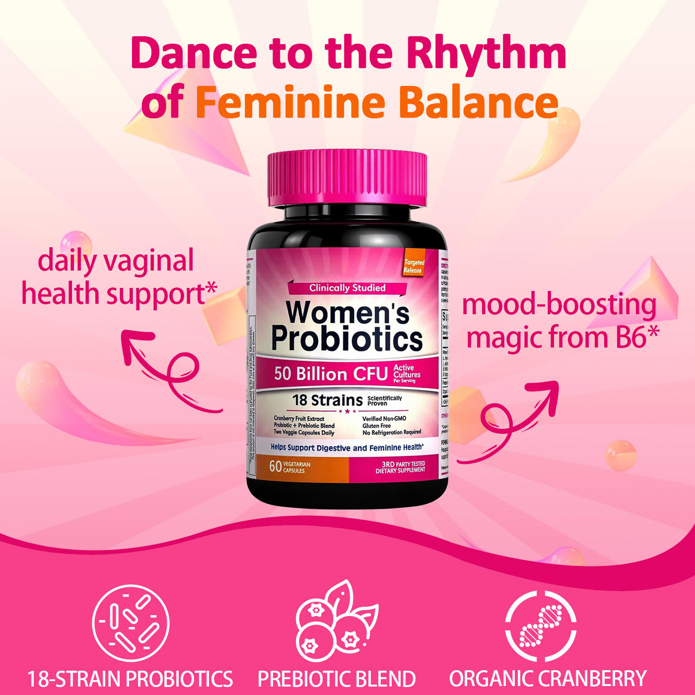 OEM Adult 18 Strains 100 Billion CFU Active Cultures Women's Probiotics Capsules 60 Count 2 Capsules Daily Supports Feminine