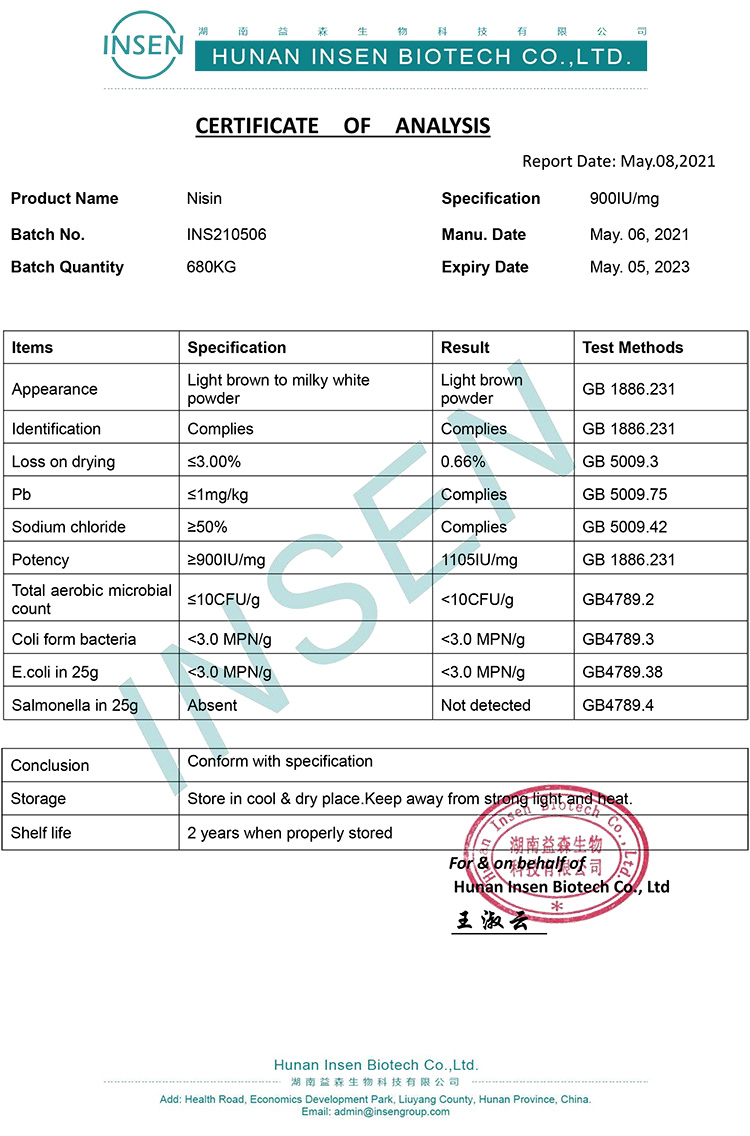 Natural Preservative Nisin Powder Specification Sheet