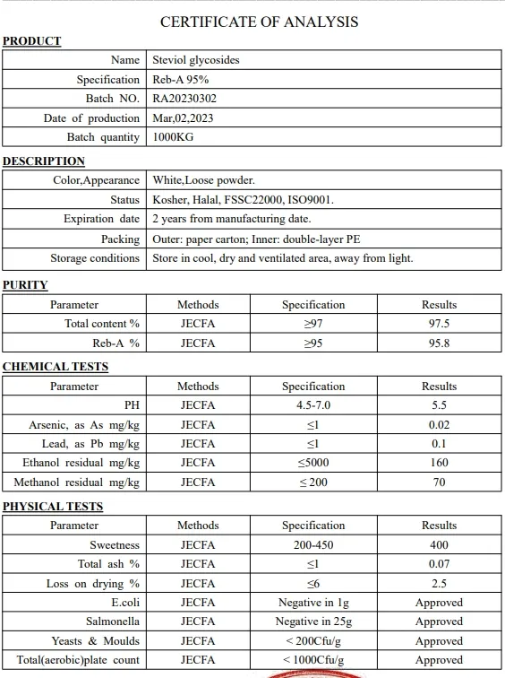 Food Additives 95% Steviol Glycosides Natural Sweetener E960 Flavor