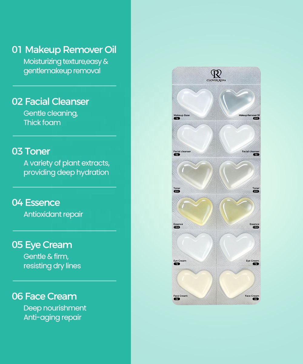 Korean Day Night Skincare Capsule Set 7 Sheets Heart-Shaped Anti-Aging Whitening Face Cream Serum Kit OEM ODM Custom Logo