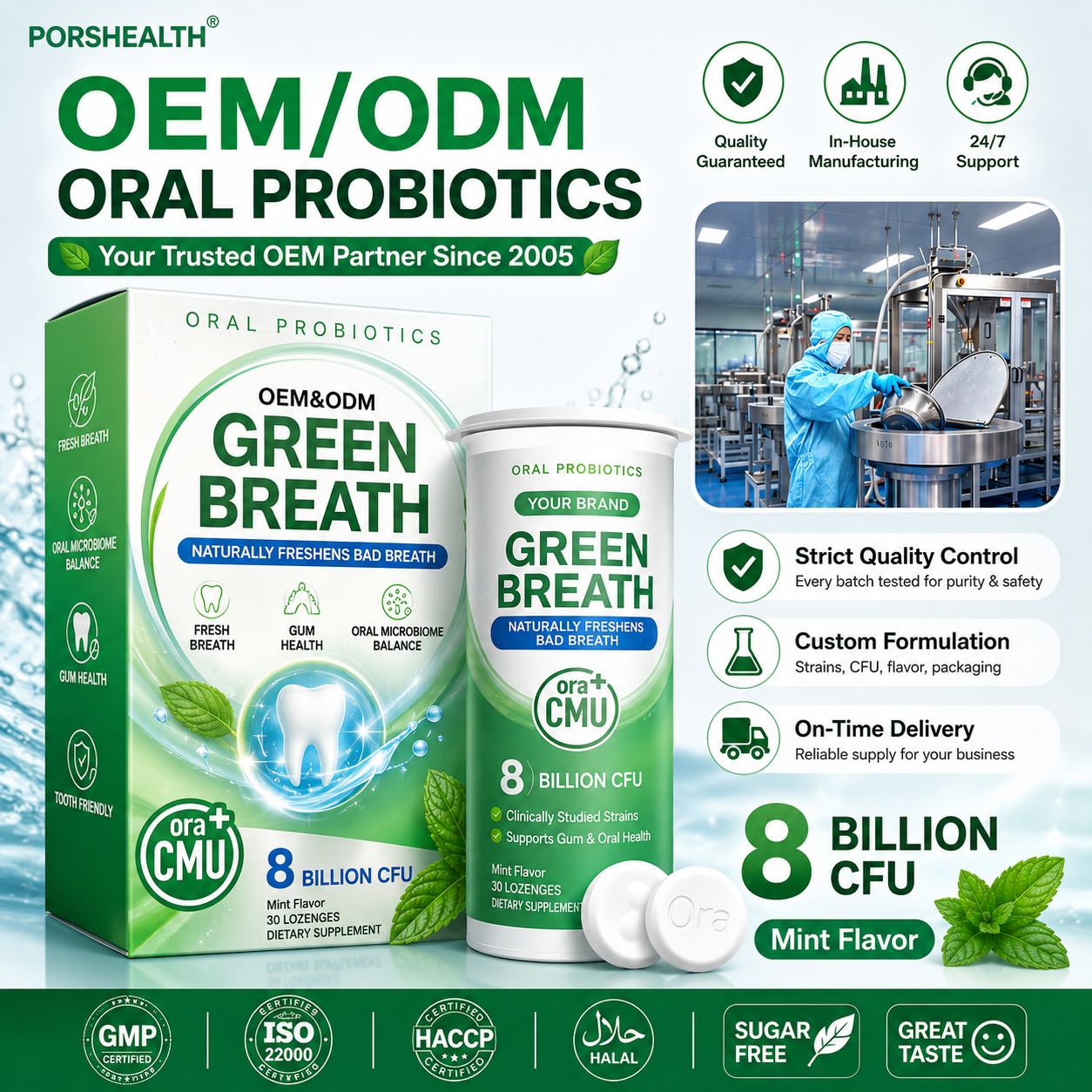 Oral Probiotic Chewable Tablets &amp; Powder OEM ODM | Fresh Breath, Gum Health &amp; Oral Microbiome Support