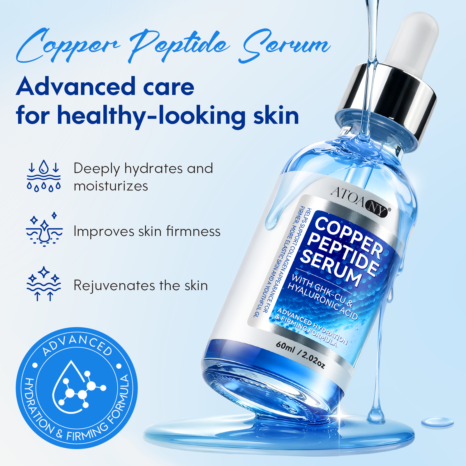 ATOANY High Potency Ghk-cu Collagen Facial Serum Skin Care Advanced Blue Copper Peptide Serum with GHK-Cu Hyaluronic Acid