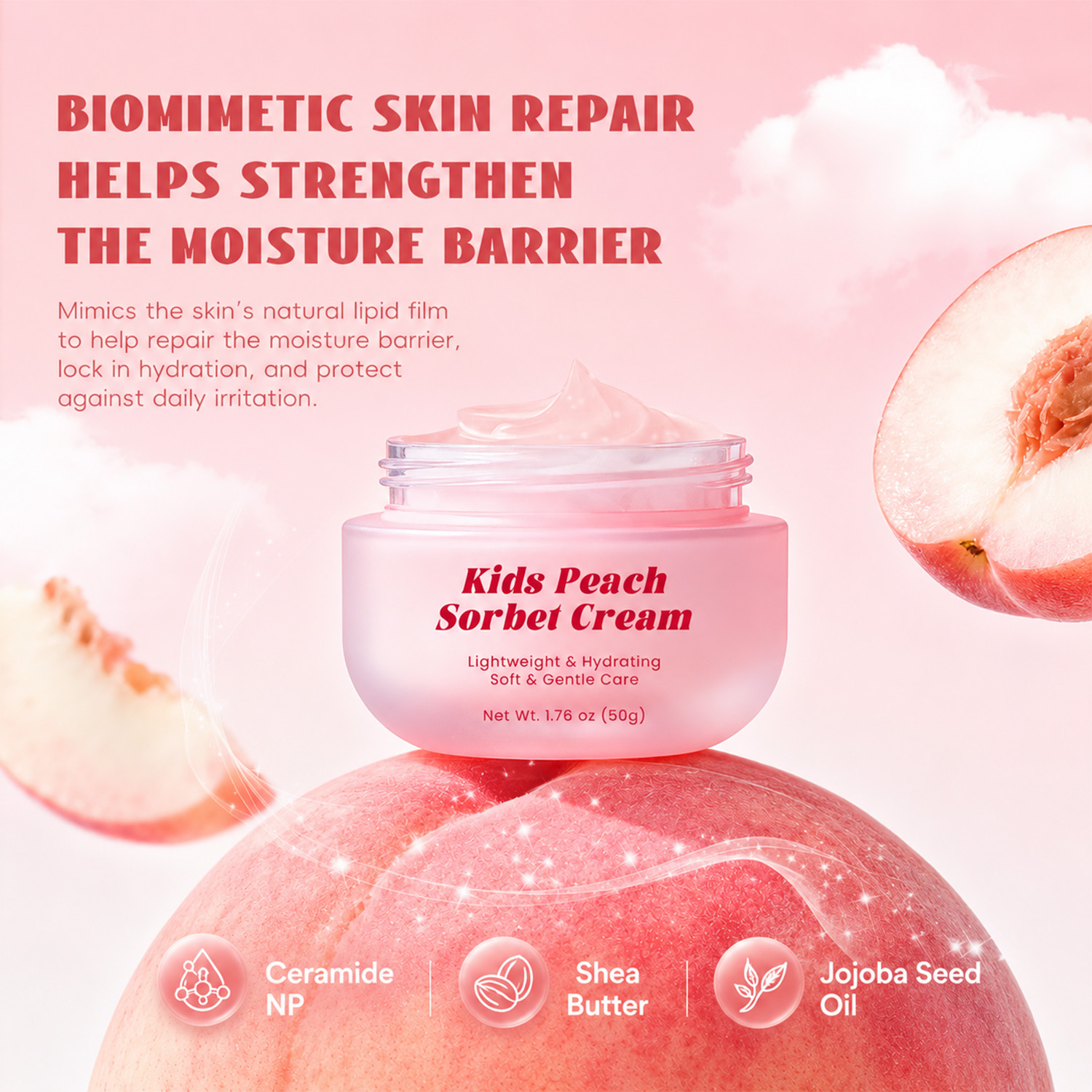 Wholesale OEM Private Label Evia Beauty Kids Peach Sorbet Cream Baby Moisturizing Soothing Face Cream for Sensitive Skin 3-Year