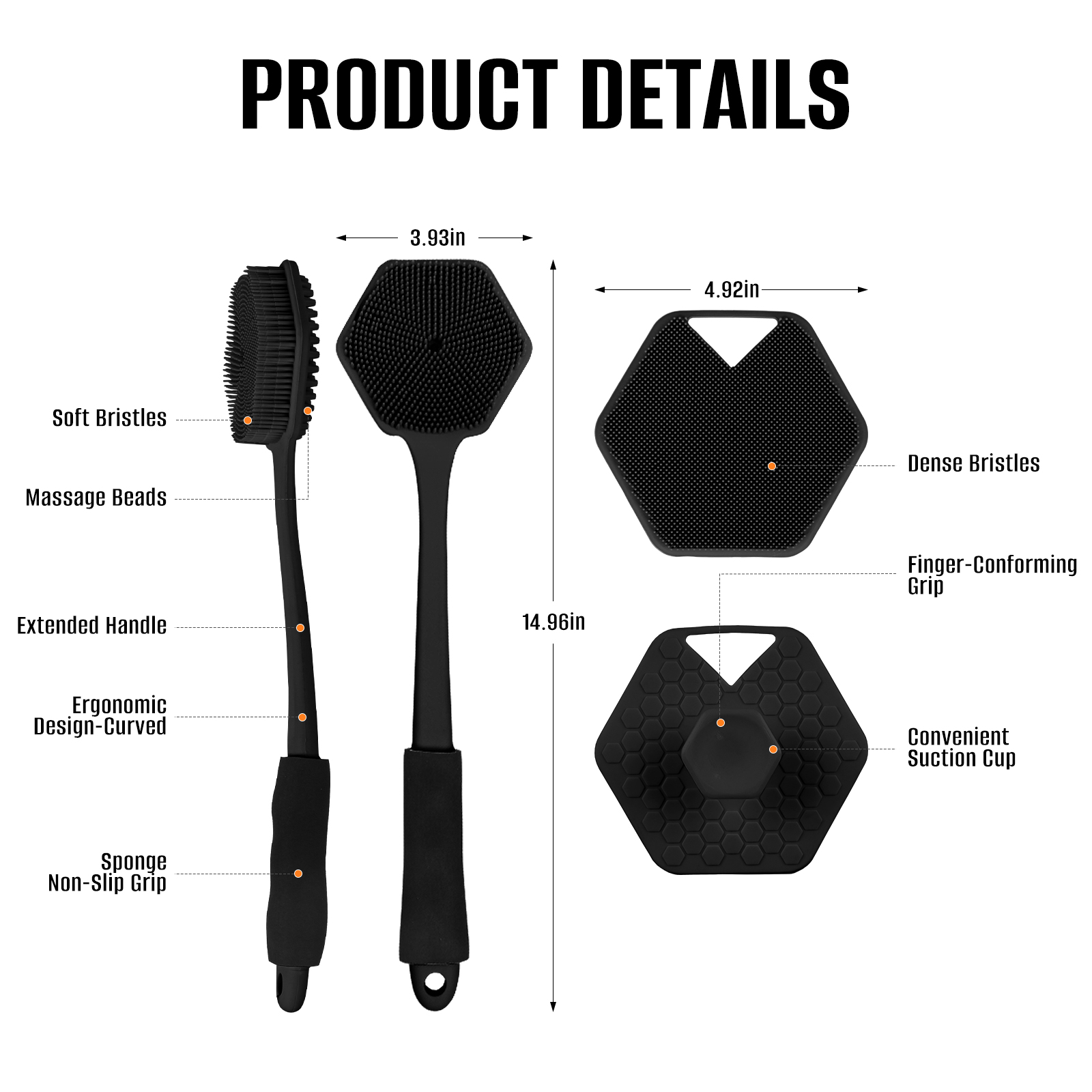 Custom Logo Double Side 14.96 Inch Exfoliation Back Shower Brush Silicone Body Scrubber Bath Body Brush With Long Handle