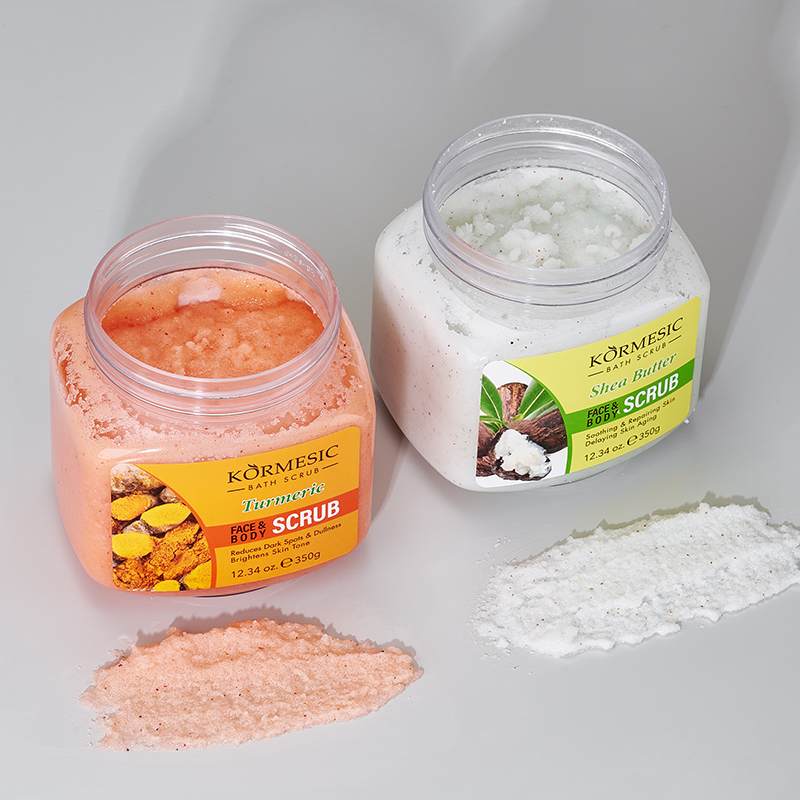 KORMESIC 350ml Private Label Body Scrub Whitening Turmeric Shea Milk with Vitamin C Herbal &amp; Hyaluronic Acid for Skin Care